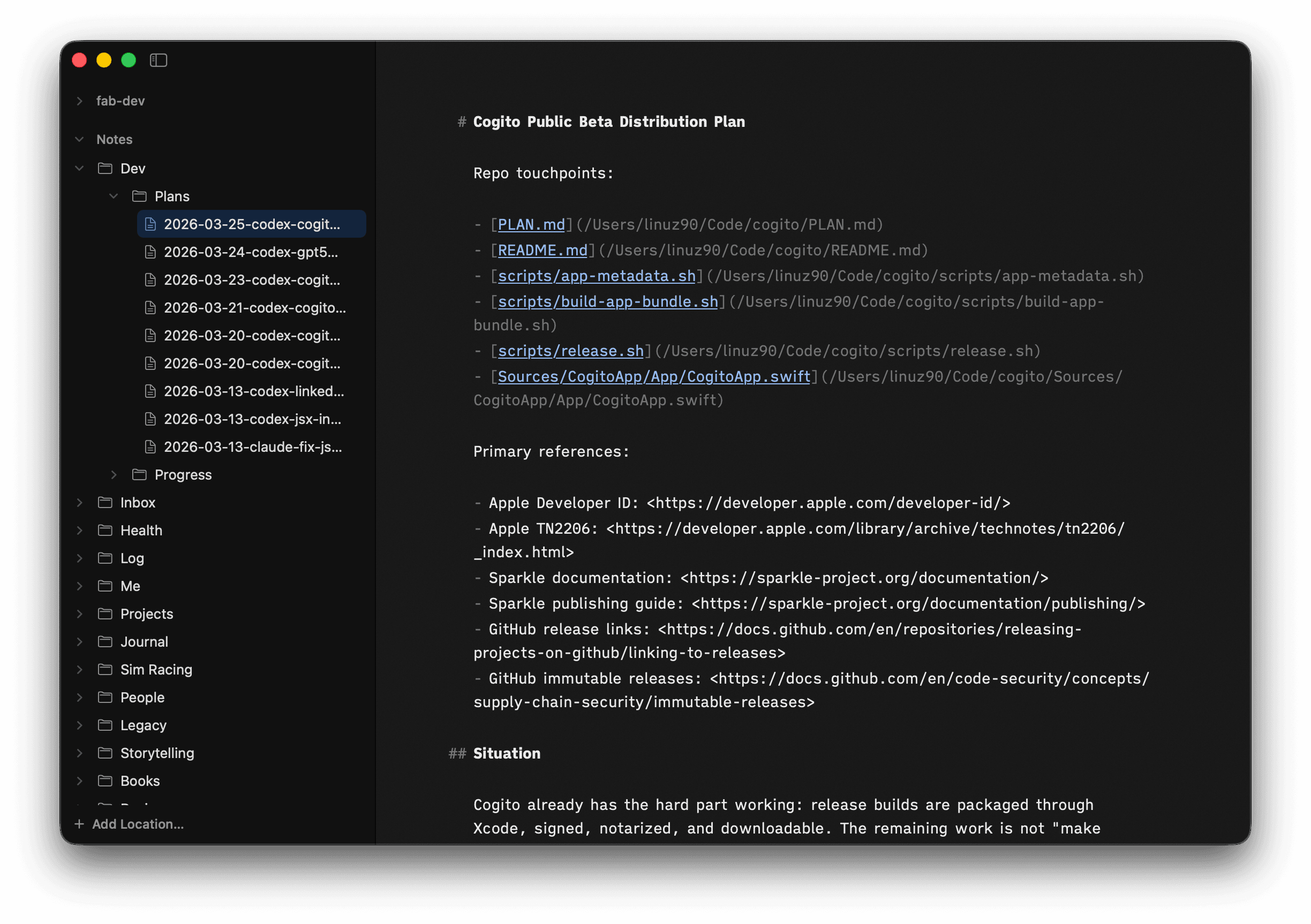 Cogito Markdown editor reading a document on macOS