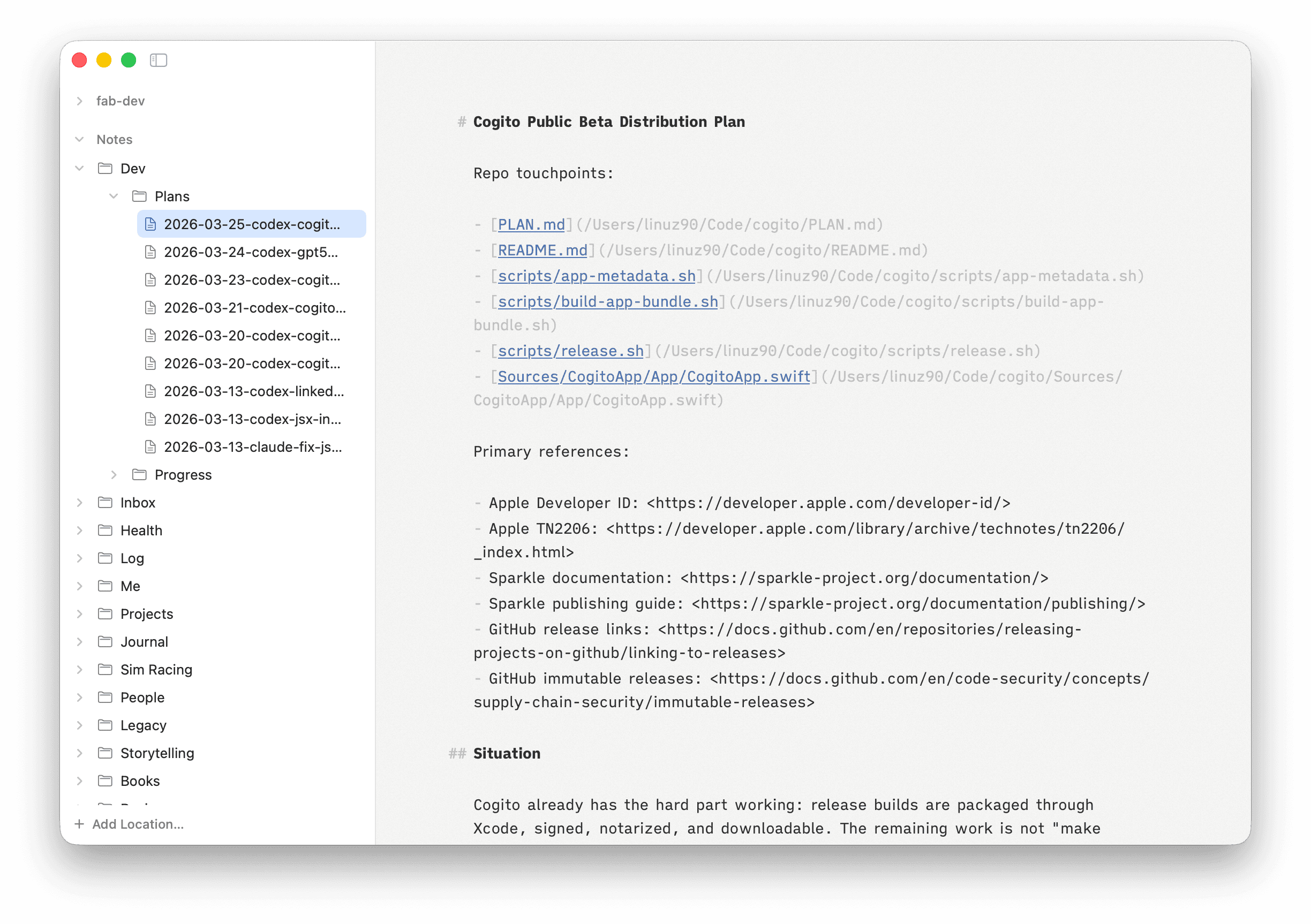Cogito Markdown editor reading a document on macOS