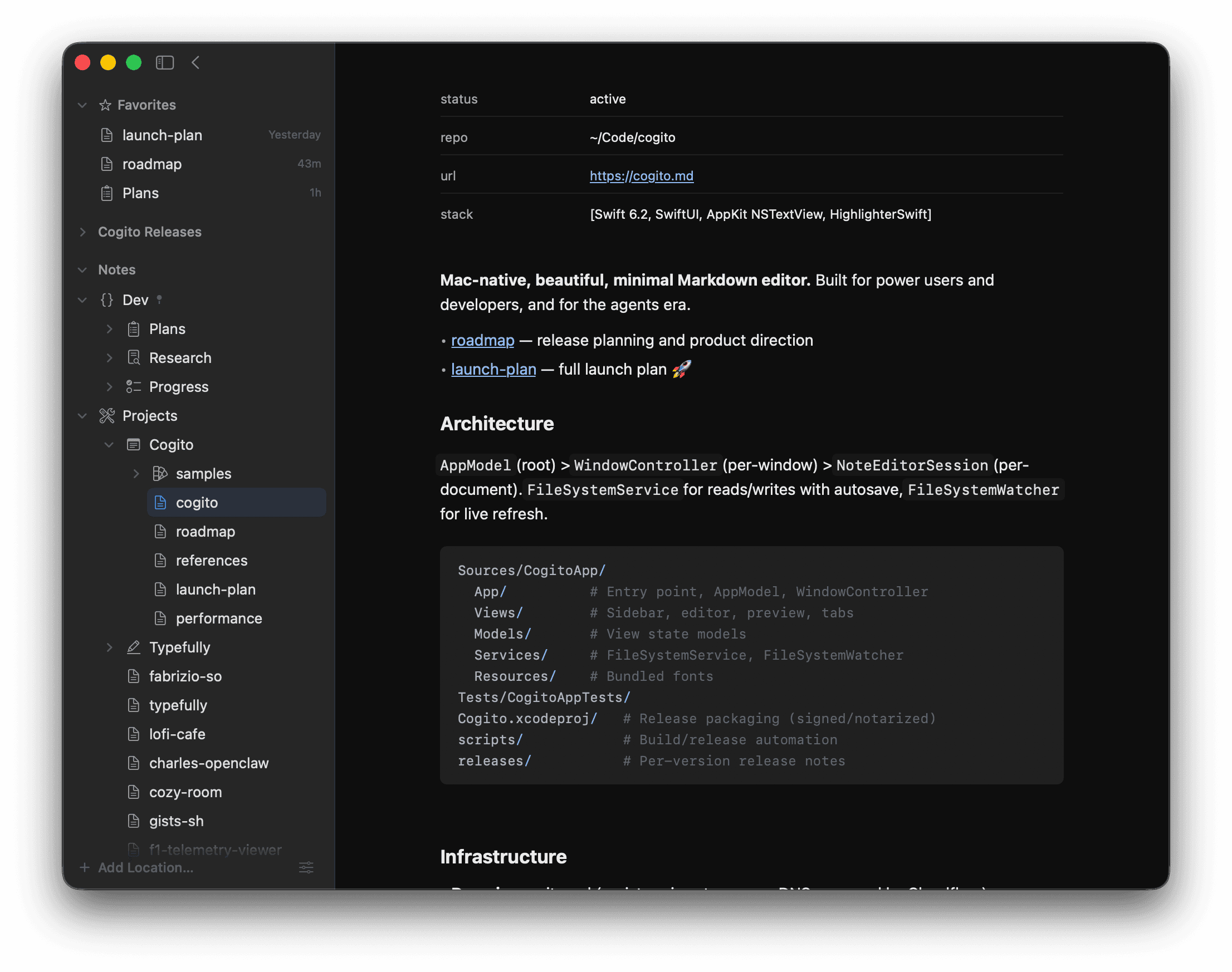 Cogito Markdown editor showing preview mode on macOS