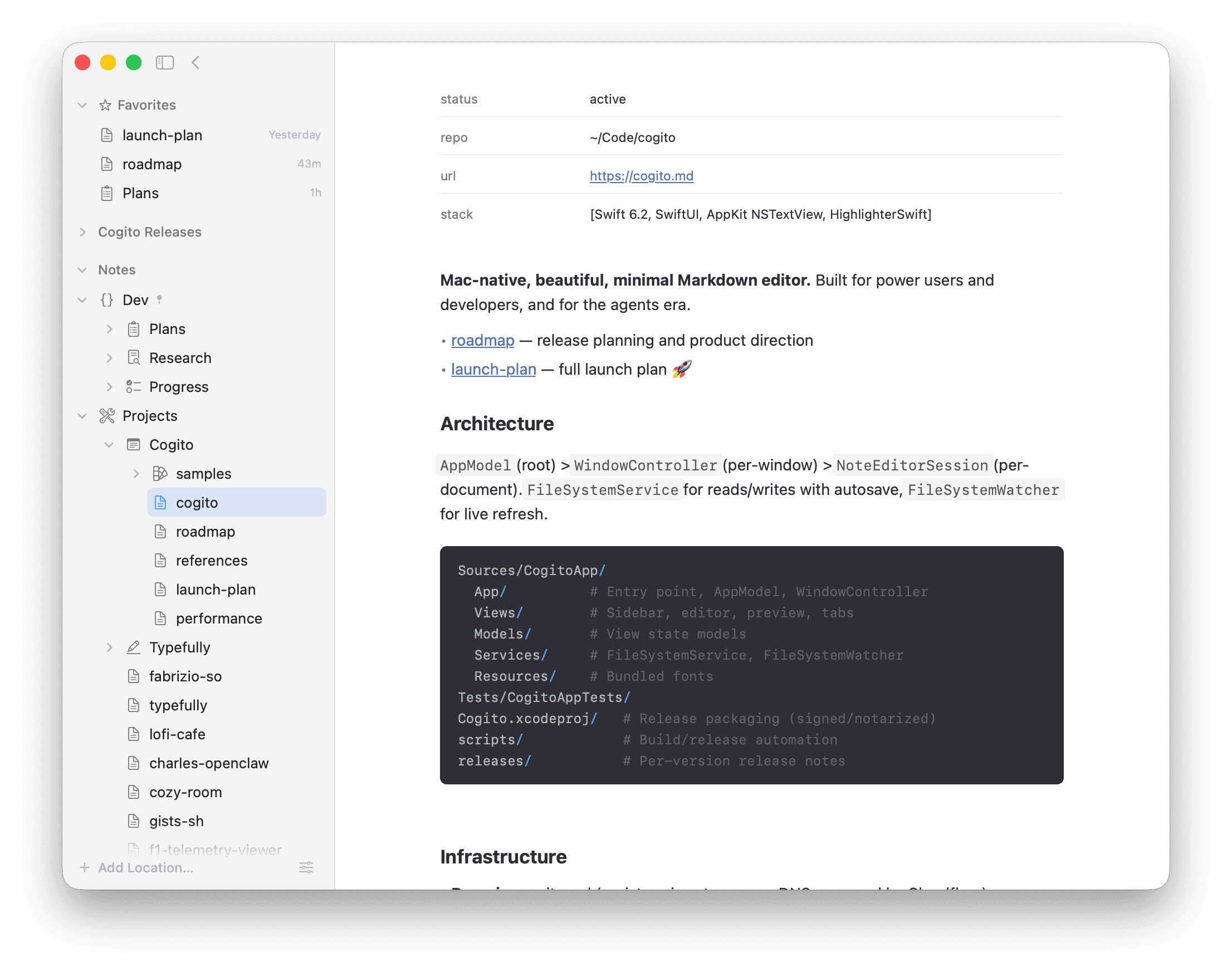 Cogito Markdown editor showing preview mode on macOS