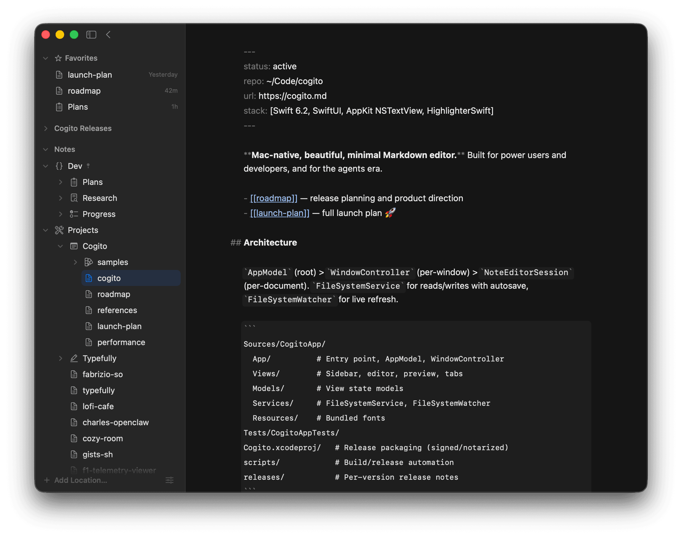 Cogito Markdown editor showing source mode on macOS