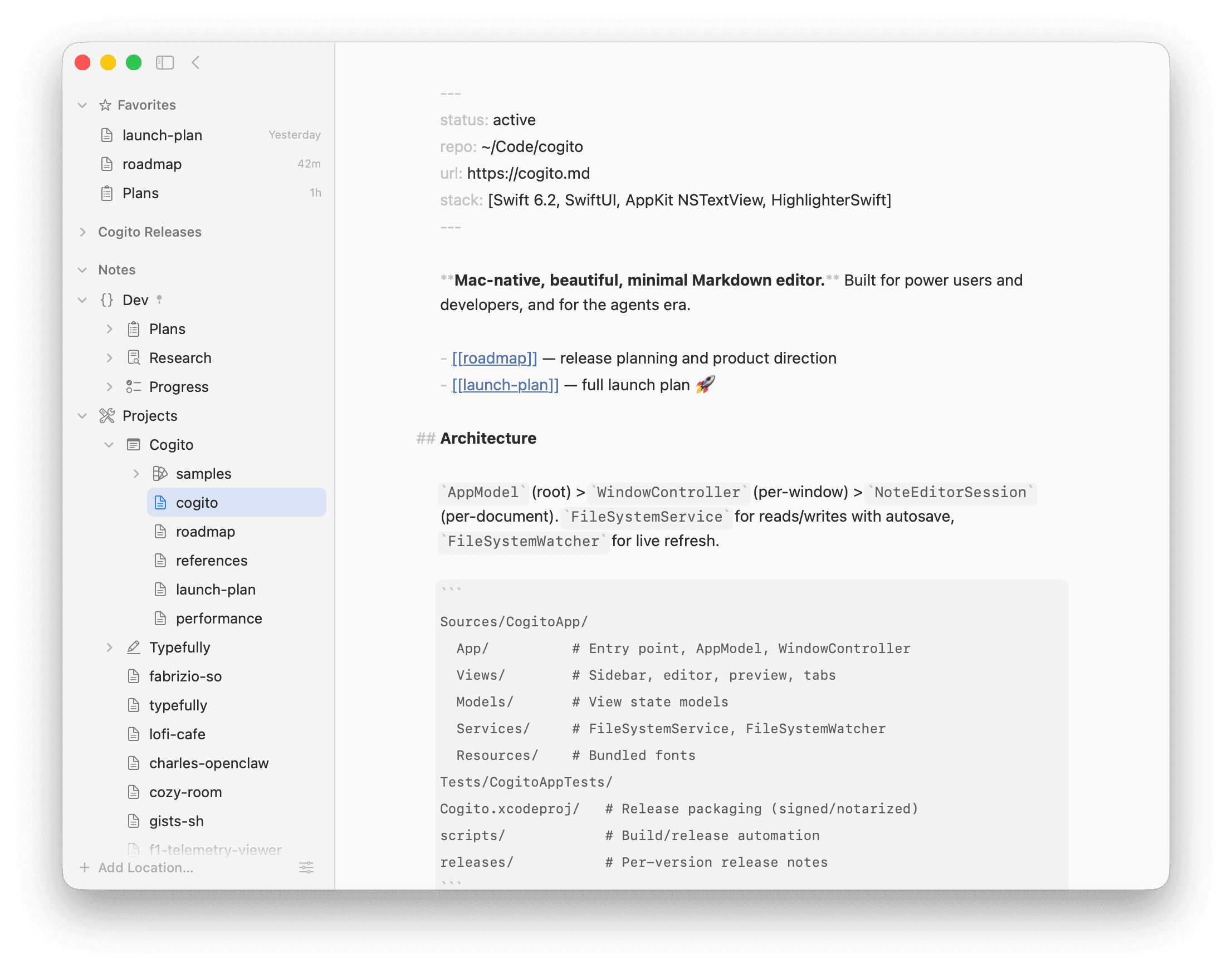 Cogito Markdown editor showing source mode on macOS