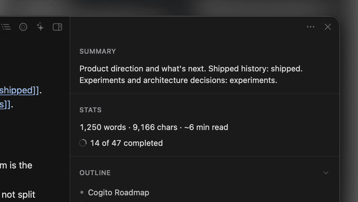 Info sidebar showing document summary, stats, and outline in Cogito
