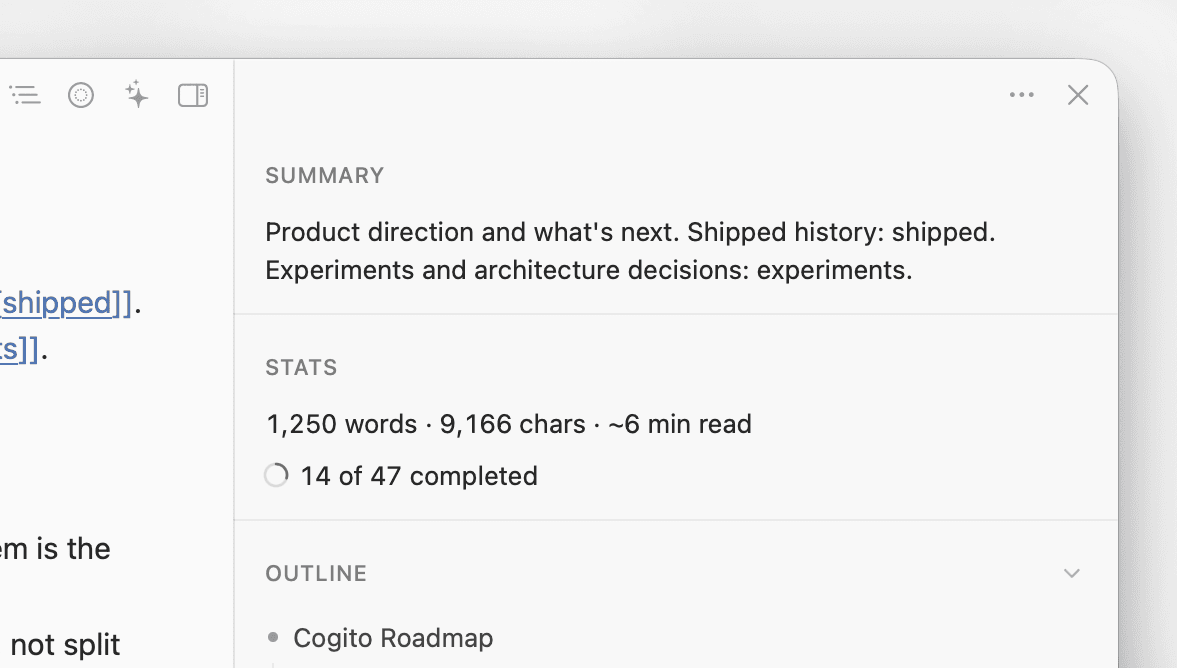 Info sidebar showing document summary, stats, and outline in Cogito