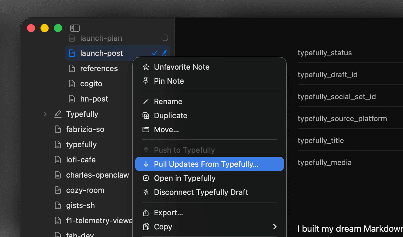 Typefully integration context menu in Cogito