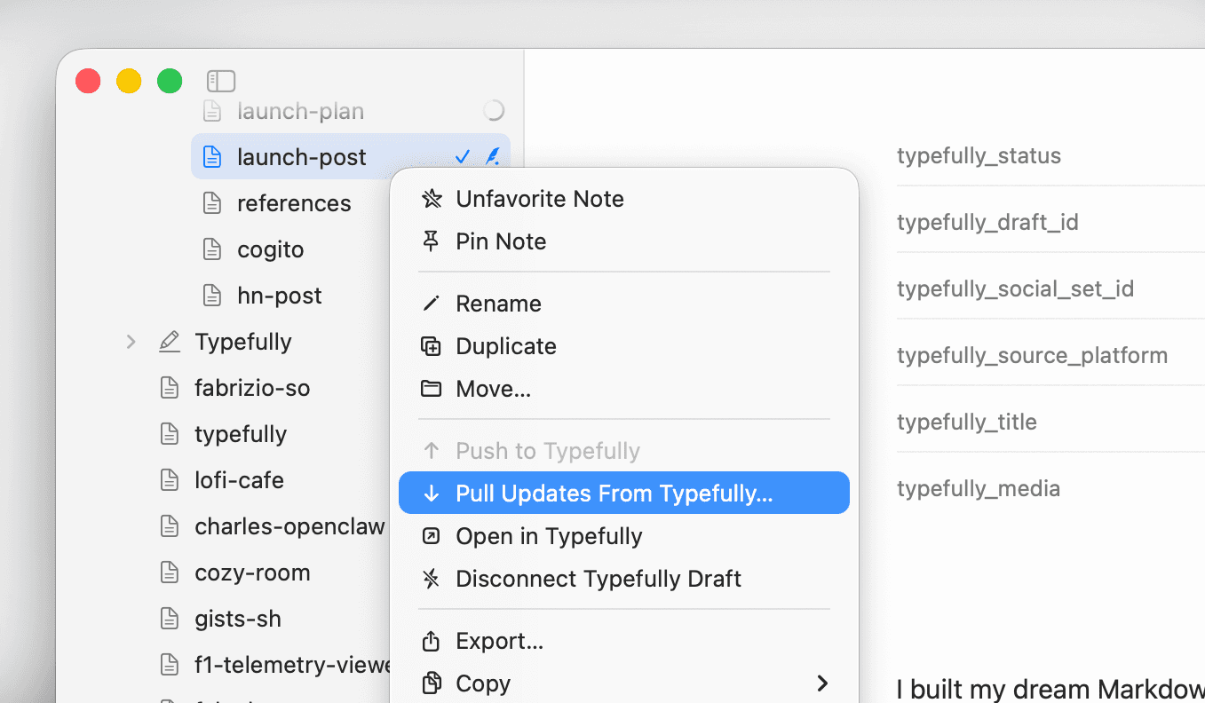 Typefully integration context menu in Cogito